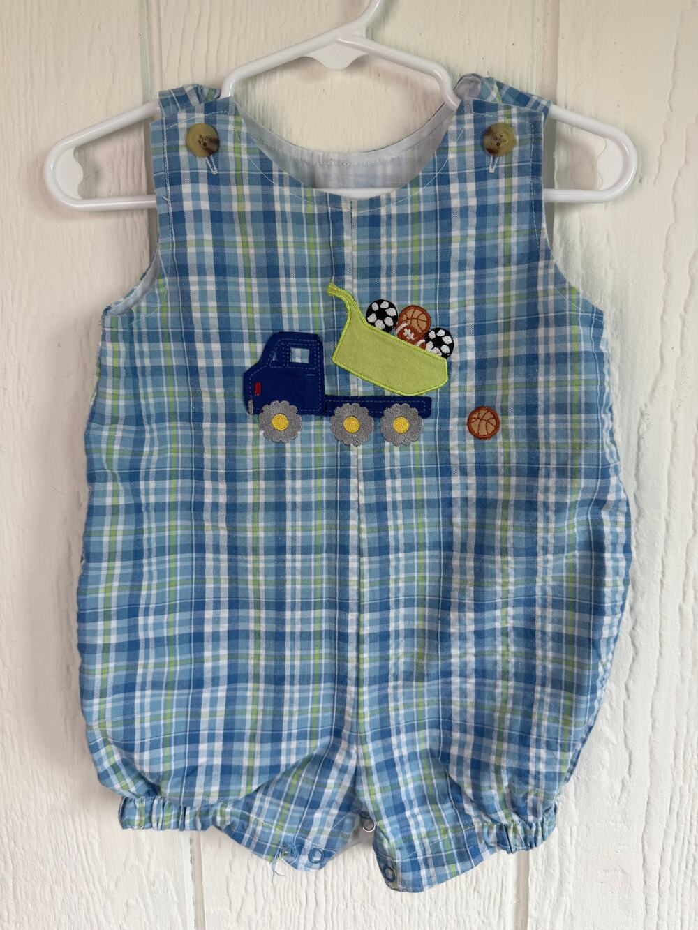 Vintage Great Guy Baby Boys 6-9M Blue Plaid Dump Truck Sports Ball Bubble